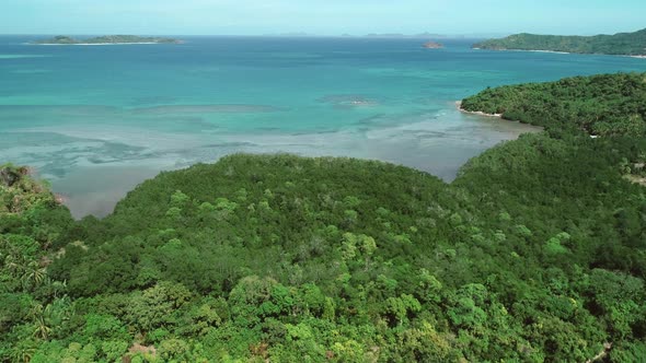 Flying Over Rice Field and Coconut Trees on the Background of Blue Sea alt