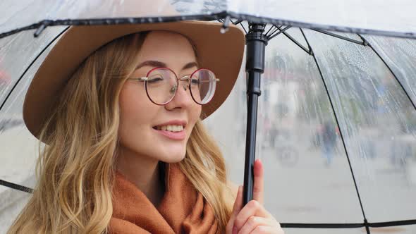 Attractive Young Girl Standing on Street Under Umbrella Closeup Caucasian Woman Smiling with White alt