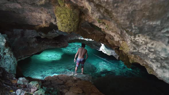 Man Ready to Swim in Underwater Caves of Yucatan Mexico Cenotes