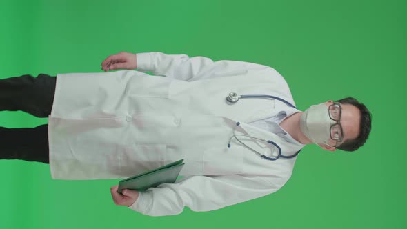 Asian Doctor With Stethoscope Wearing Mask, Holding Document File While Walking On Green Screen alt