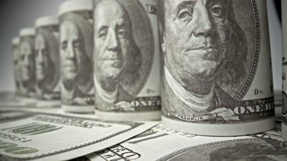 American one hundred dollar paper banknote in close up macro view dolly shot. alt