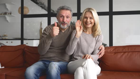 Video Screen with Cheerful Middleaged Couple Looks at the Camera and Waving alt