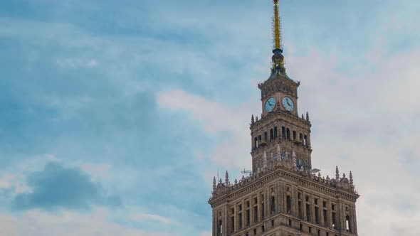 Time Lapse of the Spire of Palace of Culture and Science, Historic High-rise Building in the Centre alt