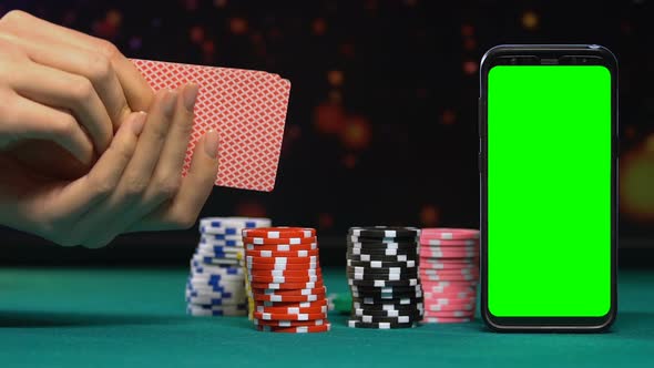 Woman Showing Set of Aces on Background of Casino Tokens, Online Gambling alt