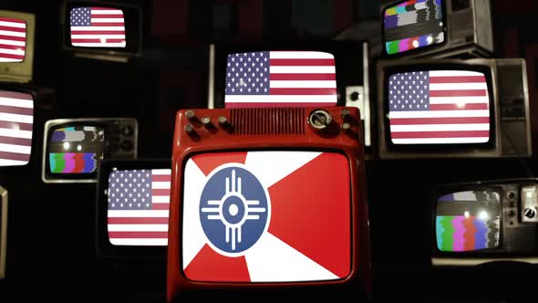 Flag of Wichita, Kansas, and US Flags on Retro TVs. alt
