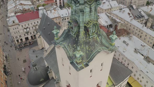 Aerial Drone Video Panorama of Latin Cathedral in City Lviv Ukraine Flight Above Roofs Streets alt
