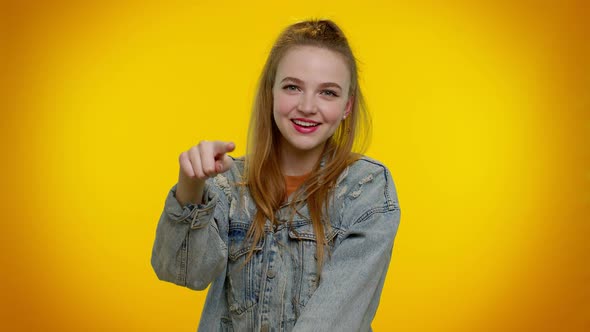 Girl Smiling Excitedly Pointing to Camera Beauty Choosing Lucky Winner Indicating to Awesome you alt