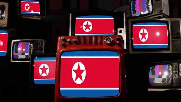Flag of North Korea on Retro TVs. 4K.