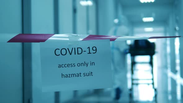 Restricted Sign in Hospital Hallway During Coronavirus Pandemic. Coronavirus Covid-19 Infected alt