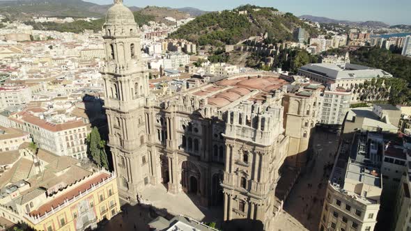 Aerial Drone Above Malaga Cathedrial And European Townscape In Spain On Sunny Day