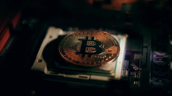 Golden Bitcoin Cryptocurrency on a Computer Board. Macro Shooting. The Concept of Cryptocurrency alt