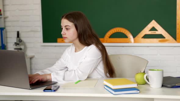 Serious Girl Use Laptop Computer at School Educational Technology alt