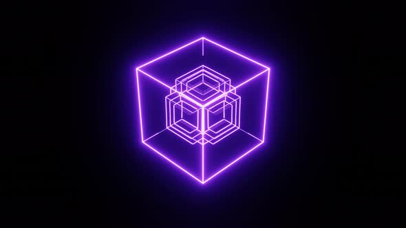 Loop Seamless Motion Rotating Cubic Pulsing and Reflecting Frames with Neon Light Purple Edges