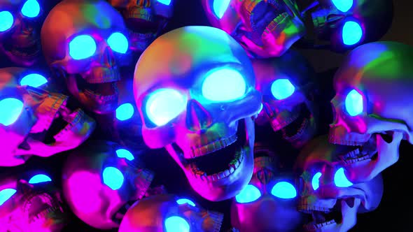 Neon Skulls With Glowing Eyes Halloween Background 4K