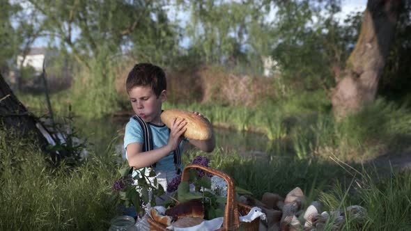 Picnic, Cute Hungry Male Child with Good Appetite Eats Bread and Drinks Milk on a Picnic Near River alt