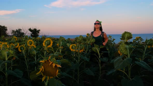 Adorable young girl in sunglasses in yellow sunflowers crops field on sunset sea shore alt