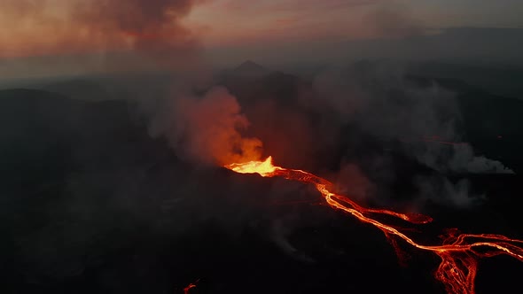 Backwards Reveal of Branching Lava Stream Flowing Down on Volcano Slope ...