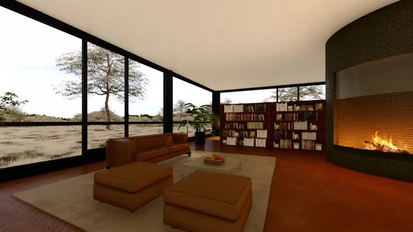 Modern Living Room With Fireplace And a View Of Nature