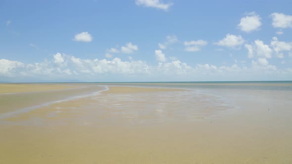 Aerial, Low Tide And Huge Sand And Empty Ocean Bed In Queensland Australia