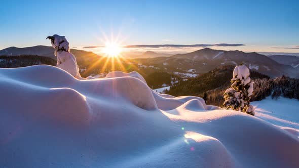 Beautiful Sunrise in Snowy Mountains Nature in Cold Blue Winter alt