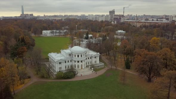 Aerial View Elagin Palace. Orange Autumn Leaves. alt
