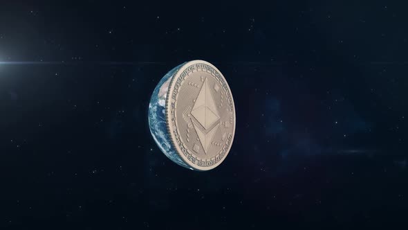Ethereum - Planet Earth Rotating to Reveal Cryptocurrency Coin