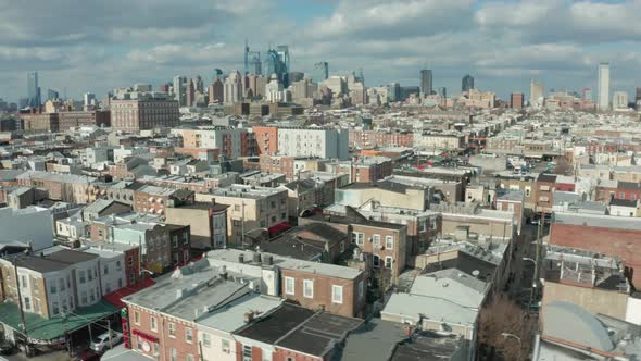 Aerial Drone Shot of Philadelphia Neighborhoods With Skyline in Background