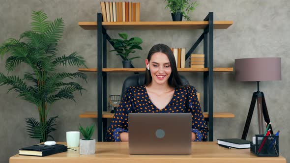 Smiling woman distance teacher online tutor greets students video call chat conference webcam laptop alt