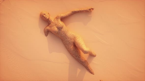 Alien Planet With A Desert Landscape And A Giant Stone Statue Buried In The Sand alt