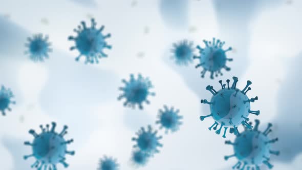 Coronavirus and germ particles floating on white blue background