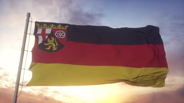 RhinelandPalatinate Flag Germany Waving in the Wind Sky and Sun Background alt