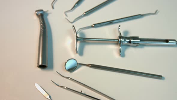 Many Dental Instruments. Close-up. Focus in