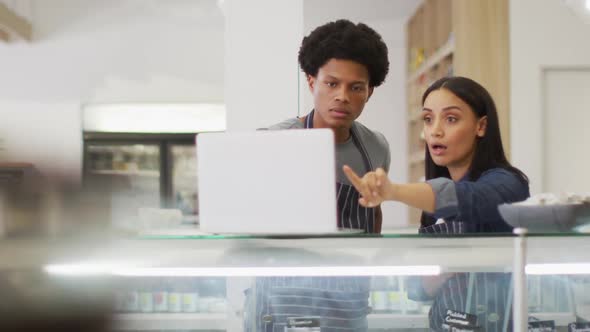 Animation of diverse female and male waiters using laptop at coffee shop alt