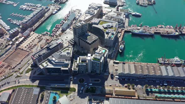 Aerial view looking down at the harbor and the luscious blue water around it