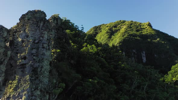 Haena. Hawaii. Green, Overgrown with Tropical Vegetation, Mountain Peaks, Aerial Footage alt