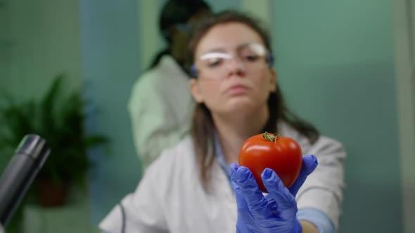 Front View of Biologist Reseacher Woman Analyzing Pepper Injected with Chemical Dna alt