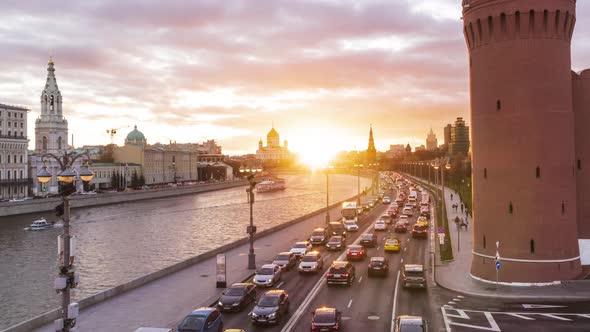 Day to Night Timelapse Moscow River Kremlin Sunset Traffic