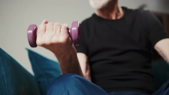 Muscles of Old Strong Man Exercising Hand with Dumbbell Biceps Closeup Senior Sportsman Doing Sport alt
