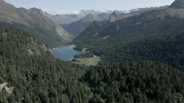 Beautiful Aerial Drone Shot Over the Mountain Range in the Pyrenees in France in View alt