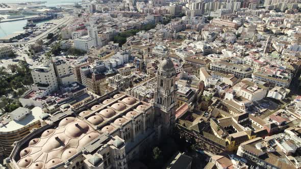 Cathedral of Incarnation in Malaga historic center, Spain. Aerial approach