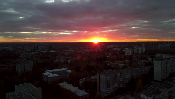 Kharkiv city center streets, aerial view at sunset