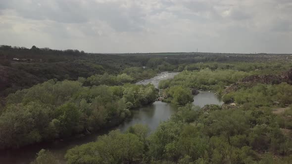 Aerial Rocky Landscape on Southern Bug River with Rapids. Ukraine alt
