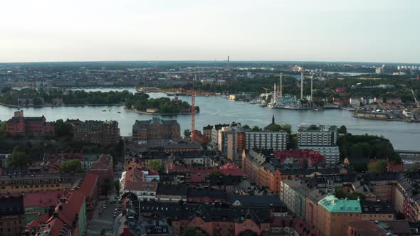Stockholm, Sweden. Panoramic aerial flying drone view of Södermalm