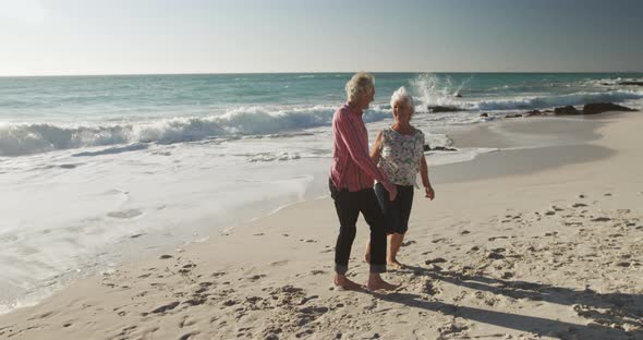 Senior couple walking together at the beach alt