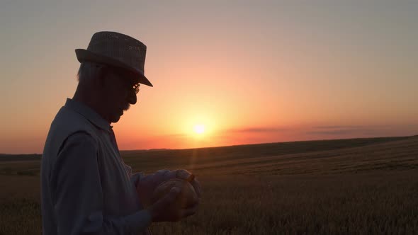 Senior Man Caresses a Loaf of Bread Kisses It and Looks at the Sky in Evening alt