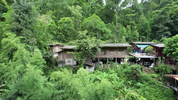 Aerial view of Mae kampong village,  Houses in valley, Chiang Mai, Thailand by drone