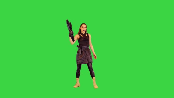Anime Girl Poses with Machine Gun Taking an Aim Then Goes Away on a Green Screen Chroma Key