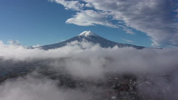 Aerial view 4k video by drone of Mount Fuji and mist at yamanashi , Japan alt