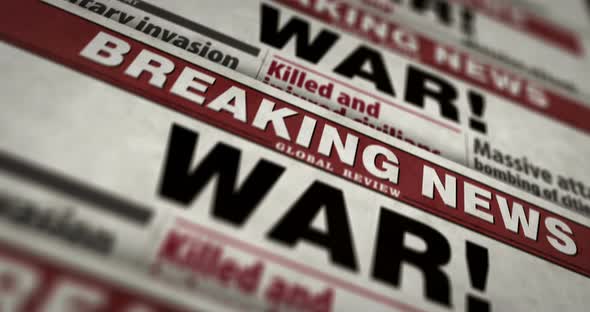 War news, humanitarian crisis and military invasion newspaper printing press alt