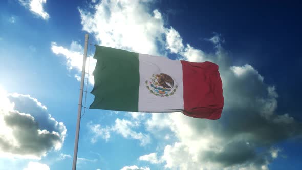 Flag of Mexico Waving at Wind Against Beautiful Blue Sky alt